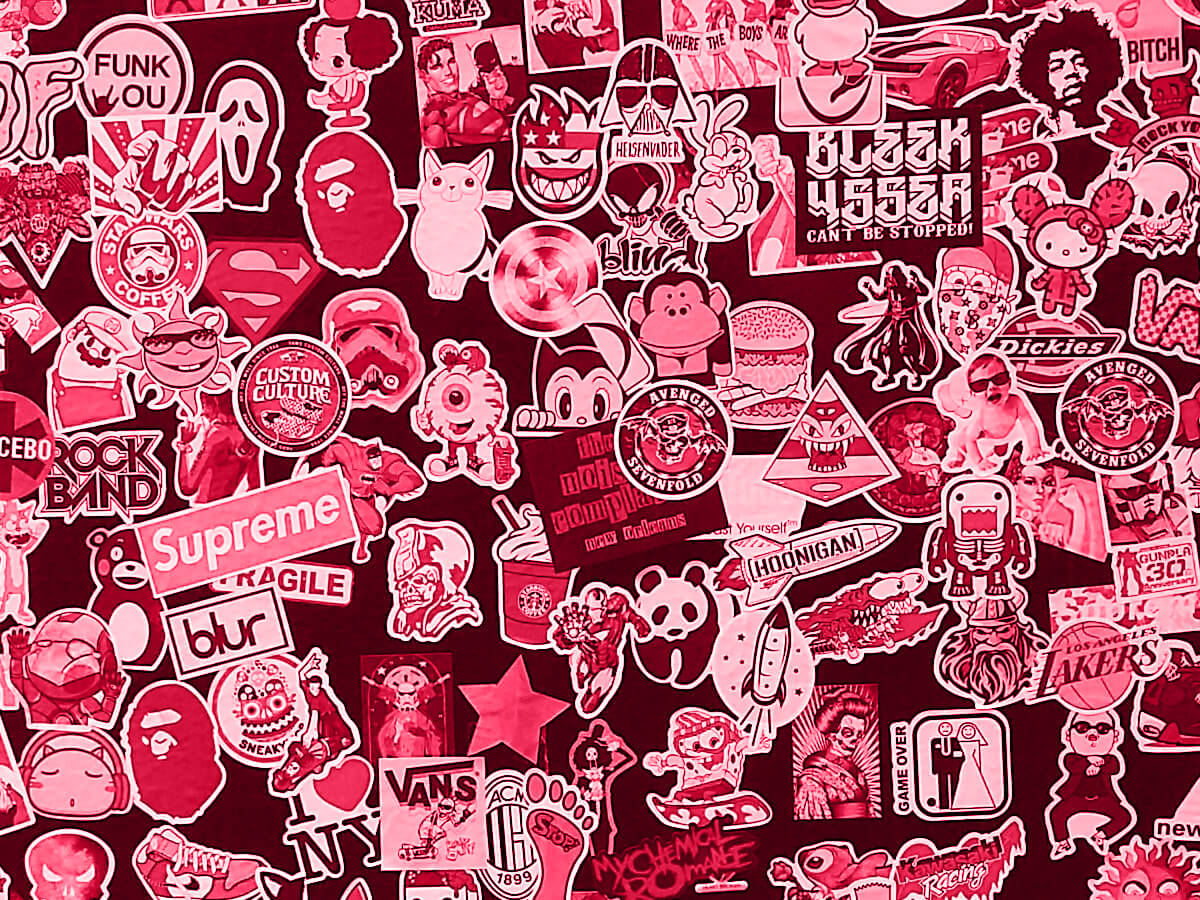 A wall full of branded stickers