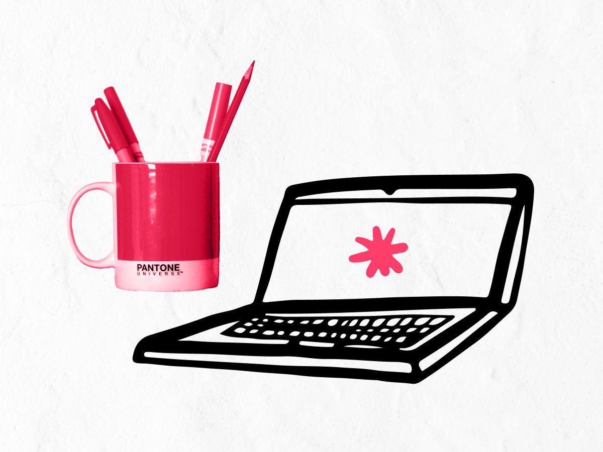 A doodled laptop with a pantone mug next to it