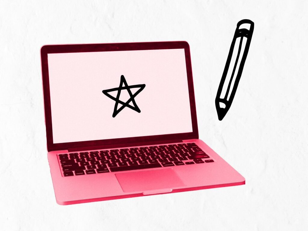 A laptop with a star on it and a doodled pencil